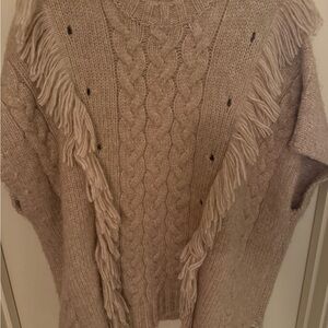 aerie Beige Cable-Knit Fringe Vest Sweater